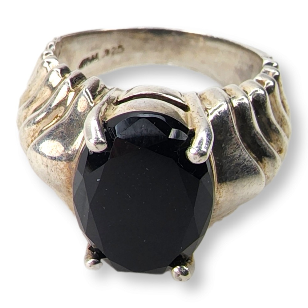 JAM Ring Sterling Silver 925‎ Size 6.25 Black Glass Vintage Ribbed Band 7.7g